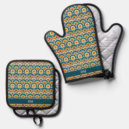 Set De Manoplas Monograma del patrón azul del Naranja retro boho