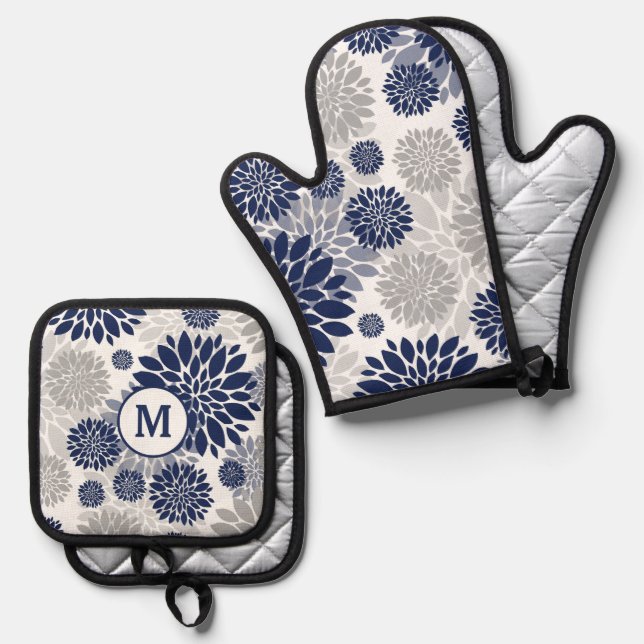 Set De Manoplas Monograma del patrón de flor gris azul de la marin (Anverso/Reverso)