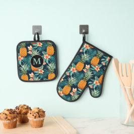 Set De Manoplas Monograma del patrón de flor tropical de piña