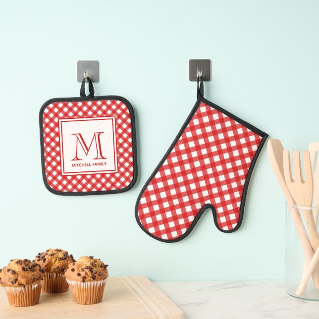 Set De Manoplas Monograma del patrón de Gingham de estilo de país  (Insitu (colgante))