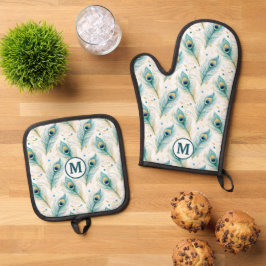 Set De Manoplas Monograma del patrón de la pluma de pavo real verd