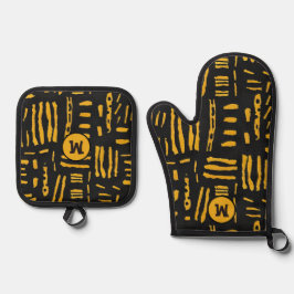 Set De Manoplas Monograma del patrón de línea africana dorada