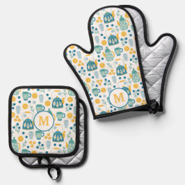 Set De Manoplas Monograma del patrón de tiempo del té de oro azul