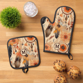 Set De Manoplas Monograma del patrón nativo americano de Dreamcatc