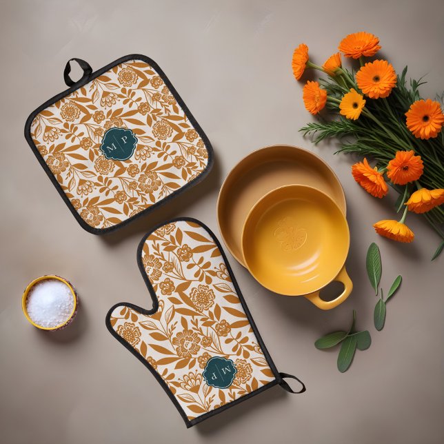 Set De Manoplas Monograma Estilo País Negrita Patrón Floral Amaril (Monogram Country Style Bold Floral Pattern Yellow Oven Mitt & Pot Holder Set)