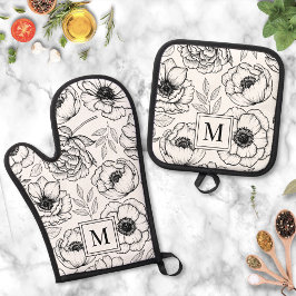 Set De Manoplas Monograma Floral Blanco Negro Elegante