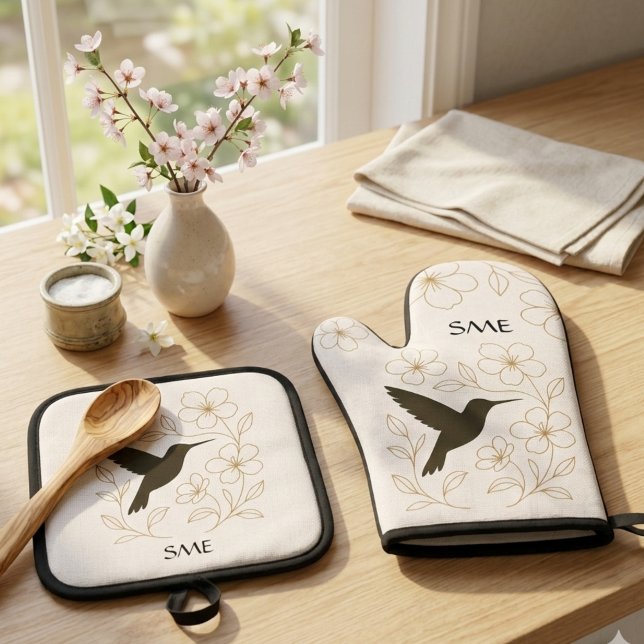 Set De Manoplas Monograma Floral Botánico Cumpleaños Colibrí (Elegant hummingbird botanical kitchen set for her — perfect Mother's Day gift idea.)