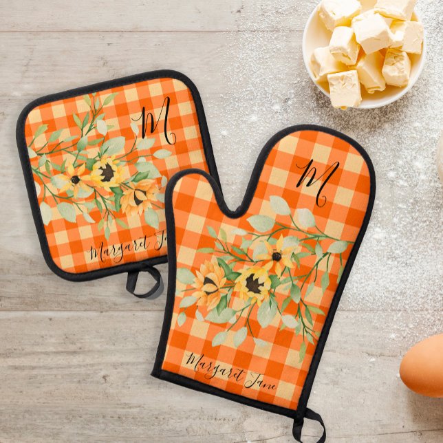 Set De Manoplas Monograma floral de cocina retro plaid (Subido por el creador)