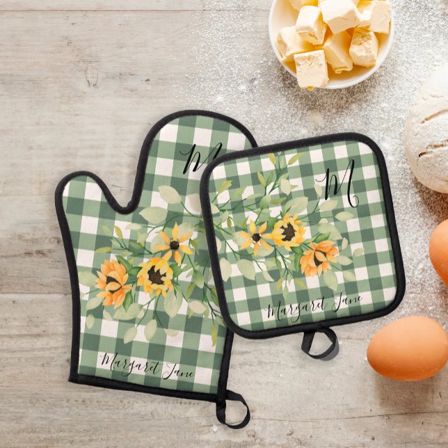 Set De Manoplas Monograma floral de cocina retro plaid (Subido por el creador)