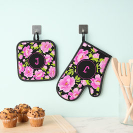 Set De Manoplas Monograma floral de peonía rosa