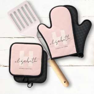 Set De Manoplas Monograma moderno con guión onírico Rubor rosa ini