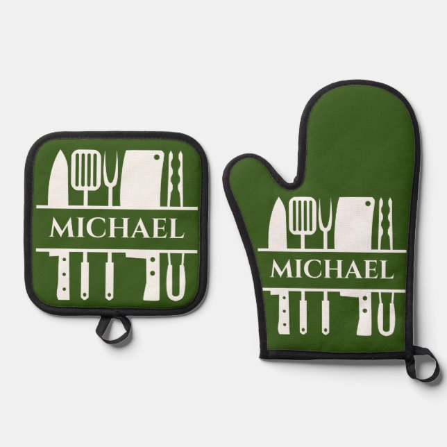 Set De Manoplas Monograma Nombre BBQ Chef Cook Grill (Anverso)