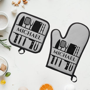 Set De Manoplas Monograma Nombre BBQ Chef Cook Grill