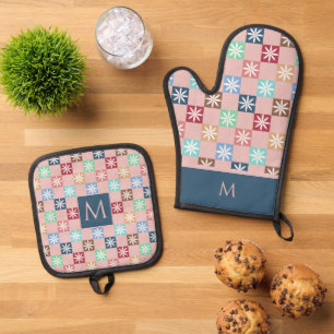 Set De Manoplas Monograma Patrón de cuadros y margaritas Retro Ros