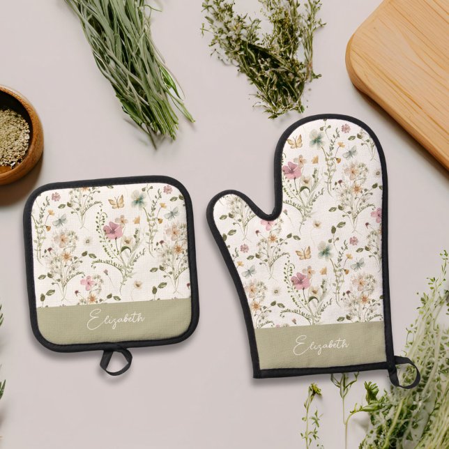 Set De Manoplas Monograma personalizado de flor silvestre floral (Subido por el creador)