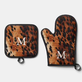 Set De Manoplas Monograma Piel de vaca marrón