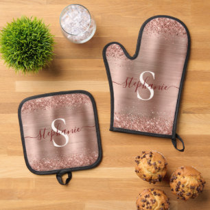 Set De Manoplas Monograma Rosa Faux-Purpurina Girly Glam