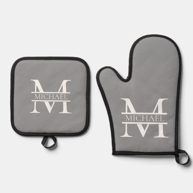 Set De Manoplas Monograma y nombre Gris elegante y personalizado (Anverso)