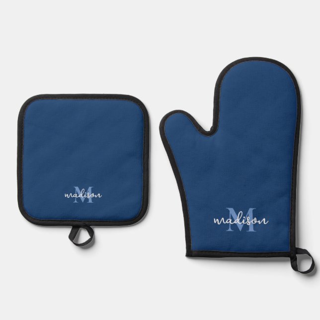Set De Manoplas Monogramado Nombre inicial Navy Azul (Anverso)