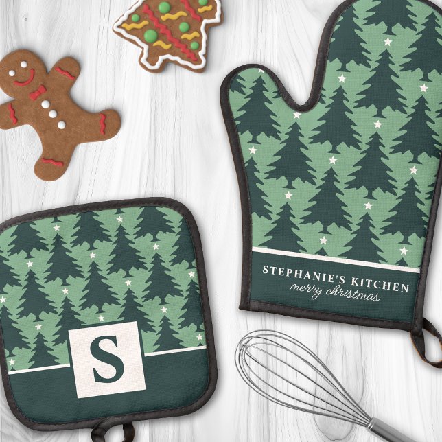Set De Manoplas Monogramado verde del patrón de árbol de Navidad (Subido por el creador)
