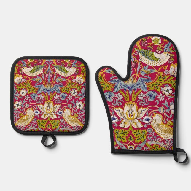Set De Manoplas Morris Red Background Strawberry Thief Pattern (Anverso)