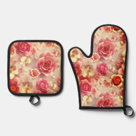 Set De Manoplas Motivo de Rosas Rosadas Románticas