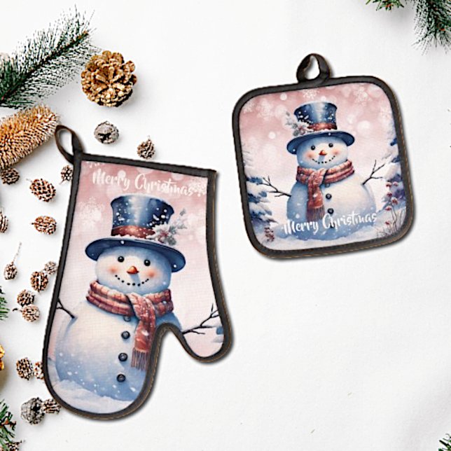 Set De Manoplas Muñeco de Nieve de Bosque Invernal Navidad | Rosa (Pink Winter Forest Snowman Christmas Oven Mitt and Pot Holder Set)