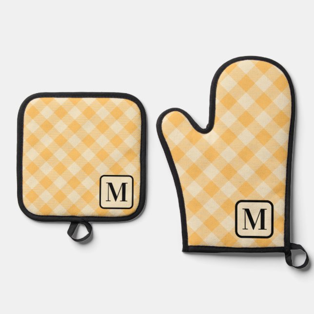 Set De Manoplas Naranja amarillo Buffalo Plaid Gingham Monogrammed (Anverso)