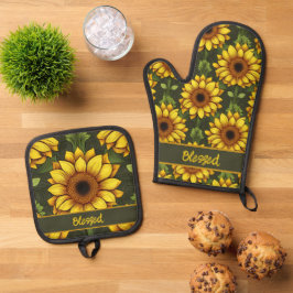 Set De Manoplas Naranja amarillo girasol con verde y marrón