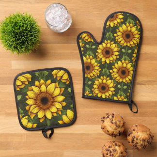 Set De Manoplas Naranja amarillo girasol con verde y marrón