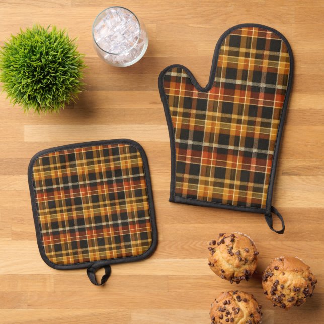 Set De Manoplas Naranja Amarillo Negro Búfalo Plaid Farmhouse (De arriba hacia abajo)