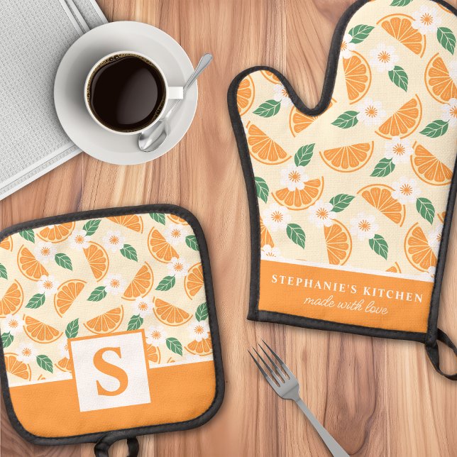 Set De Manoplas Naranja Citrus Floral Cute Verano Monogramado (Subido por el creador)