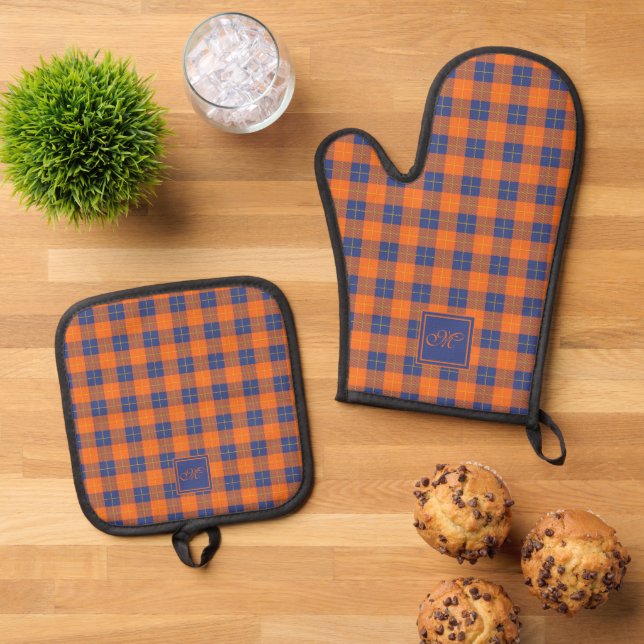 Set De Manoplas Naranja de calabaza suave Blue Tartan Plaid Monogr (De arriba hacia abajo)