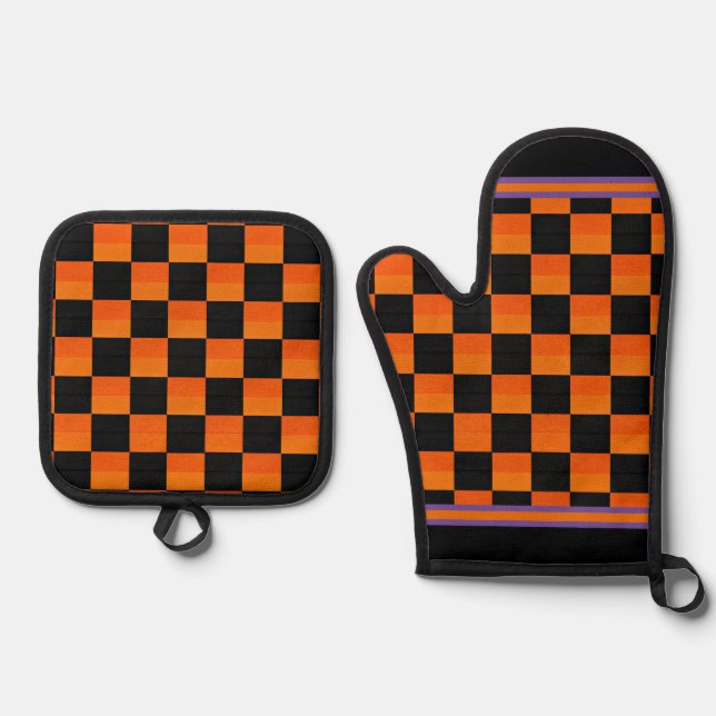 Set De Manoplas Naranja de Halloween retro y cheque negro (Anverso)