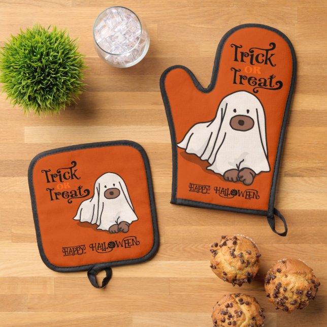 Set De Manoplas Naranja de perro fantasma de Halloween (De arriba hacia abajo)