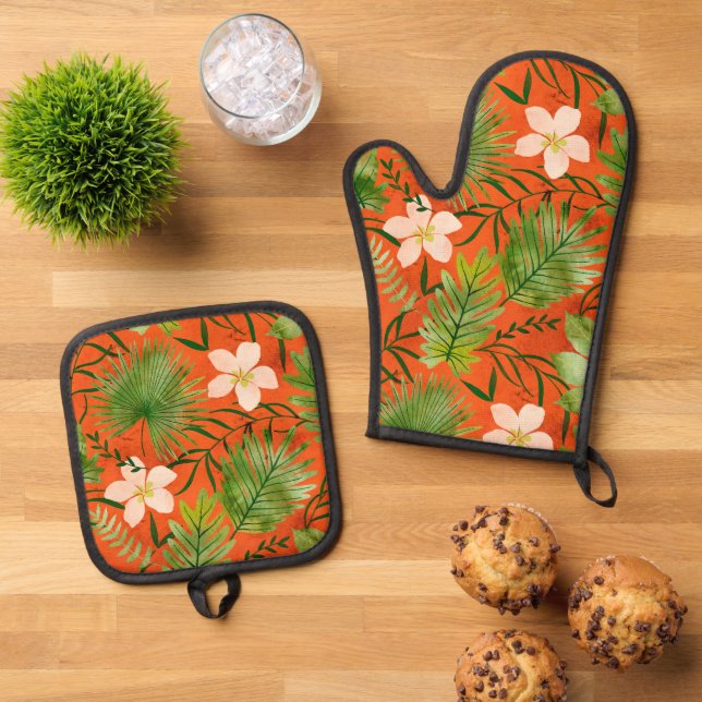 Set De Manoplas Naranja del Jardín Tropical de Nalani Hawaii (De arriba hacia abajo)
