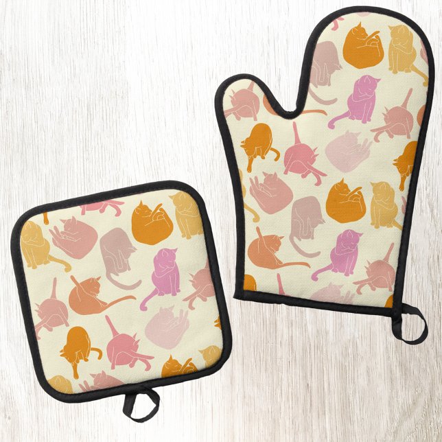 Set De Manoplas Naranja del patrón de gatos amarillo rosado (Pink orange and yellow fun kitty cat pattern kitchen oven mitt and pot holder)