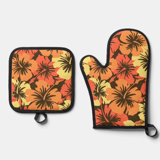 Set De Manoplas Naranja Epic Hibiscus Hawaiian Floral Aloha (Anverso)