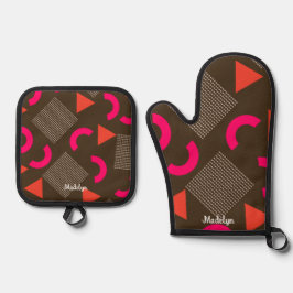 Set De Manoplas Naranja Marrón Geométrico Nombre Personalizado 