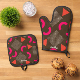 Set De Manoplas Naranja Marrón Geométrico Nombre Personalizado 