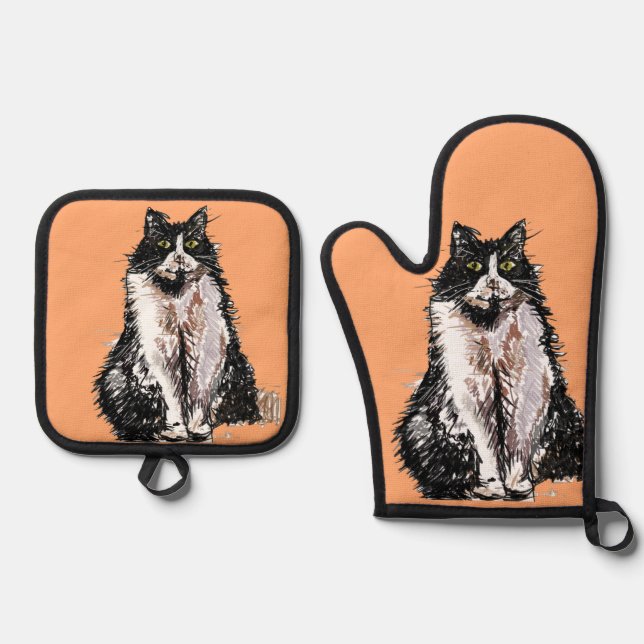 Set De Manoplas Naranja Pastel blanco negro de gato de esmoquin (Anverso)