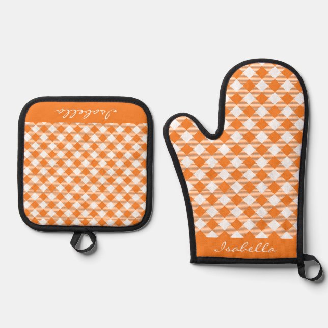 Set De Manoplas Naranja personalizado Tartán blanco (Anverso)