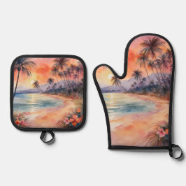Set De Manoplas Naranja Pink Sunset Tropical Beach Palm Trees