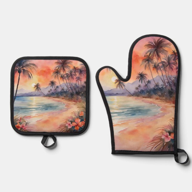 Set De Manoplas Naranja Pink Sunset Tropical Beach Palm Trees (Anverso)