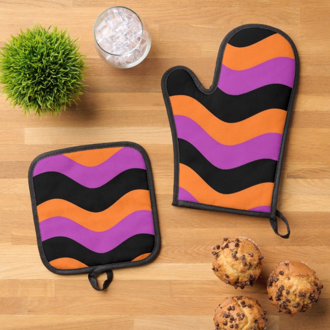 Set De Manoplas Naranja Purple Black Striped Pot Holders Oven Mitt (De arriba hacia abajo)