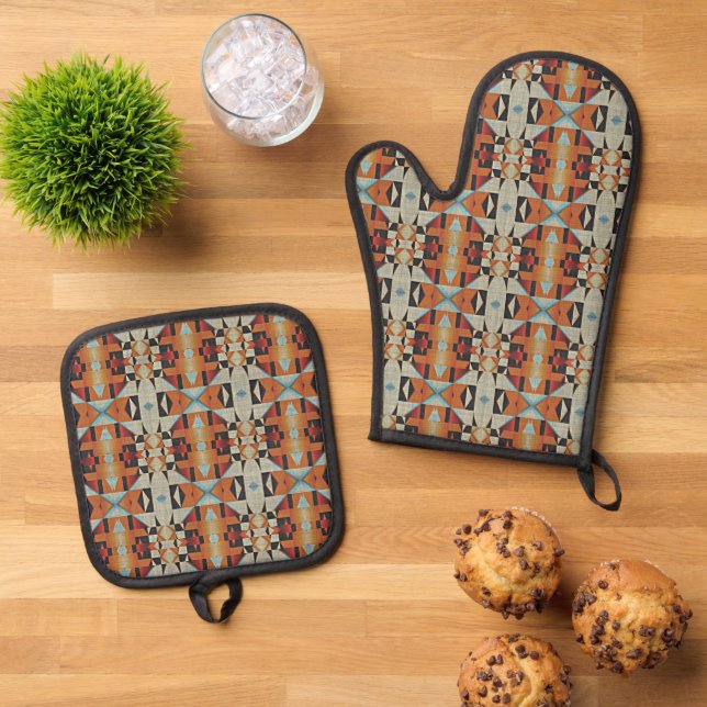Set De Manoplas Naranja rojo azul Taupe Brown Arte tribal negro (De arriba hacia abajo)