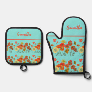 Set De Manoplas Naranja Rojo Cachorros Amarillos Flor de arte flor