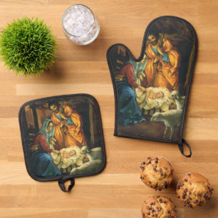 Set De Manoplas Natividad de Navidad Vintage, Niño Jesús en el Pes