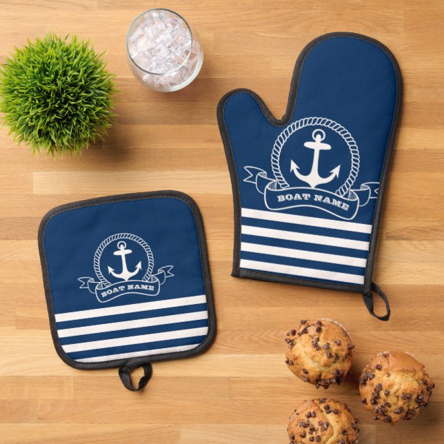 Set De Manoplas Nautical Anchor Navy con tiras azules (De arriba hacia abajo)