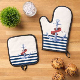 Set De Manoplas Nautical Boat Name,Blue Anchor Nave Strip